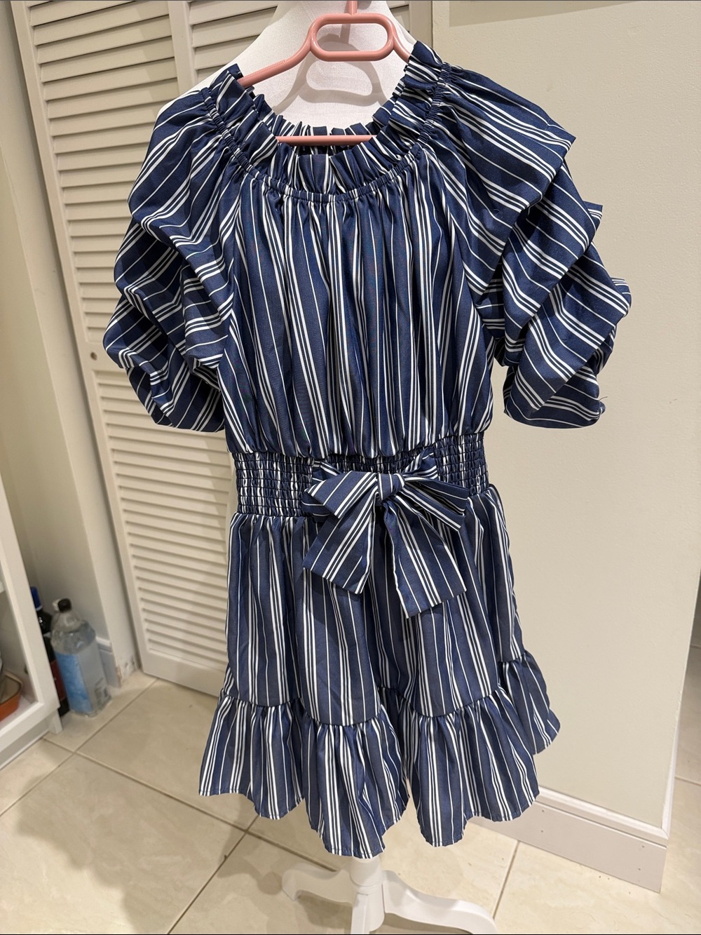 Habitual Navy and White Striped Ruffle Waist-Tie Dress